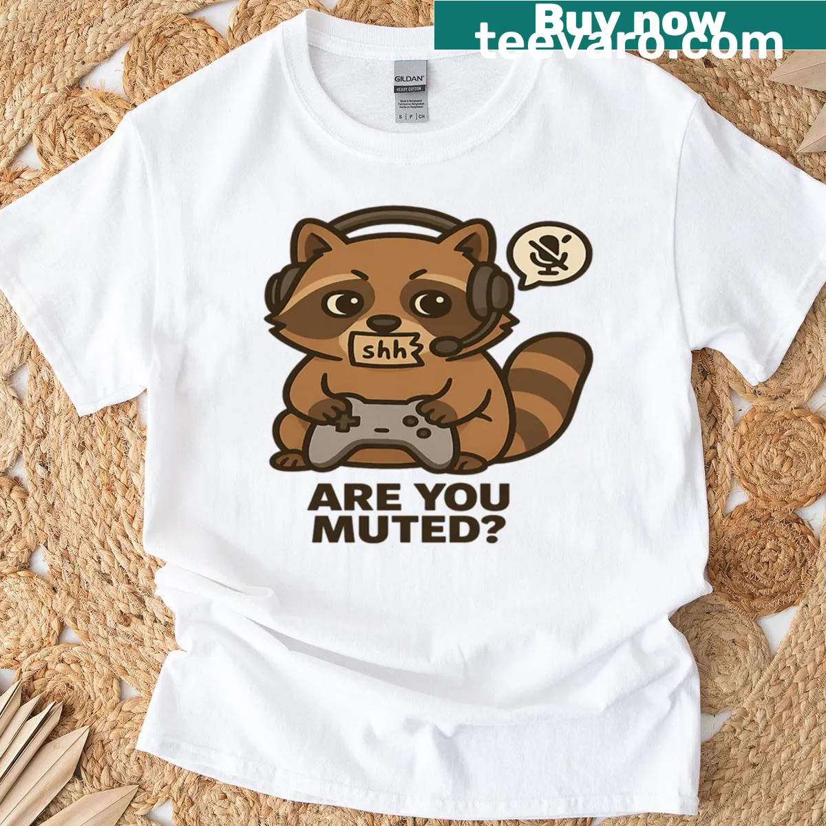 Cartoon raccoon gaming meme t-shirt — on a men's t-shirt