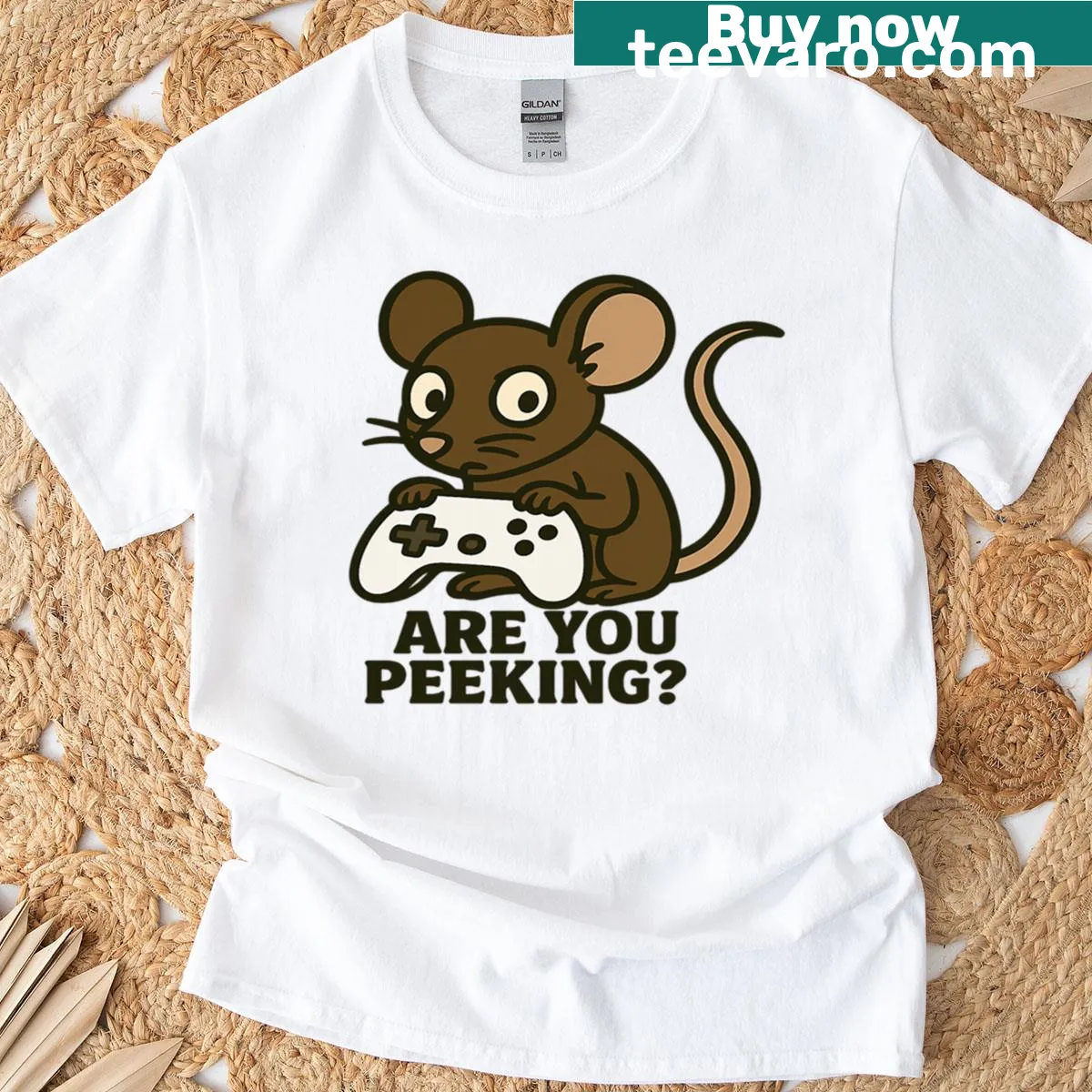 Oversized t-shirt with a peeking mouse gaming graphic — on a men's t-shirt