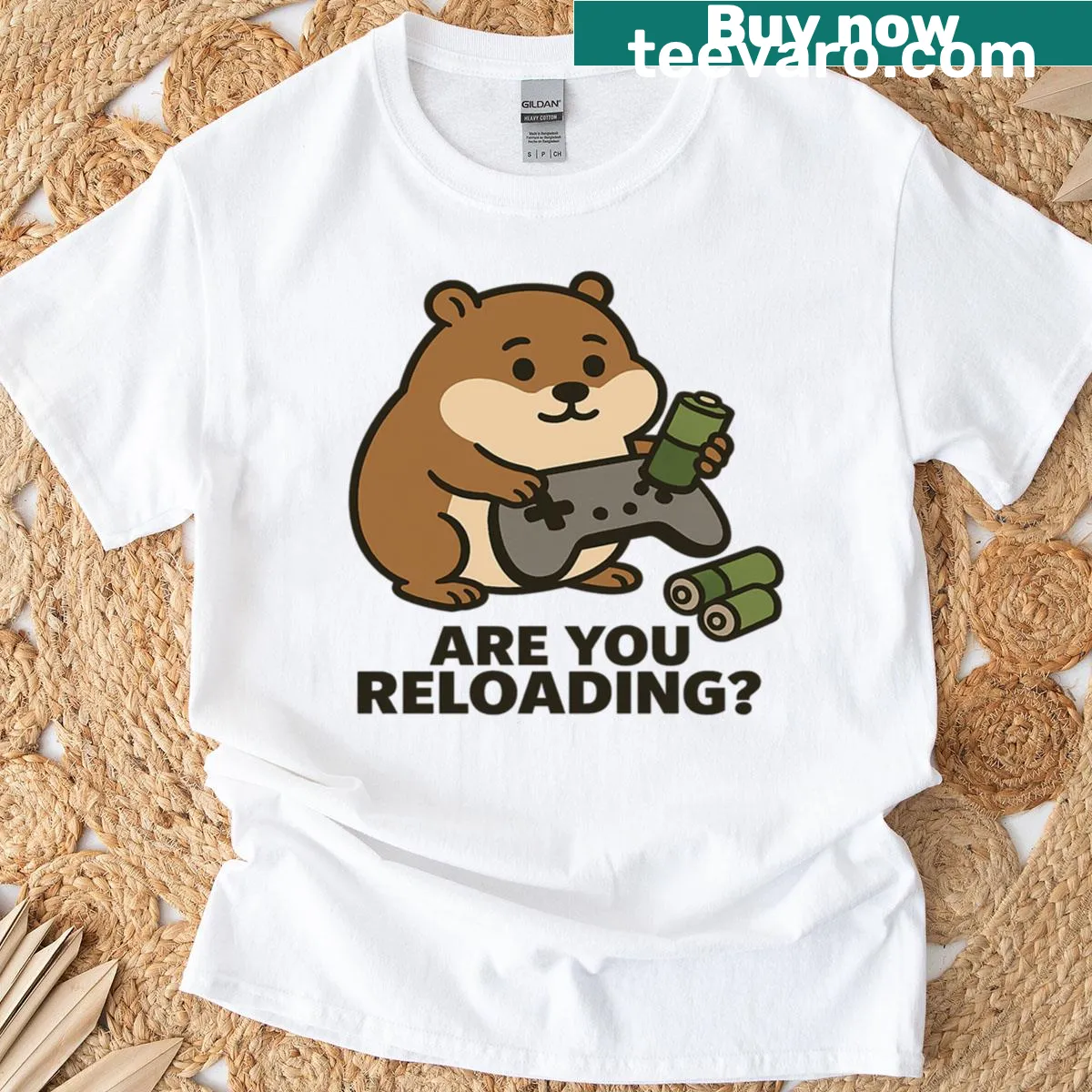 Funny hamster gaming t-shirt with battery swap meme illustration — on a men's t-shirt
