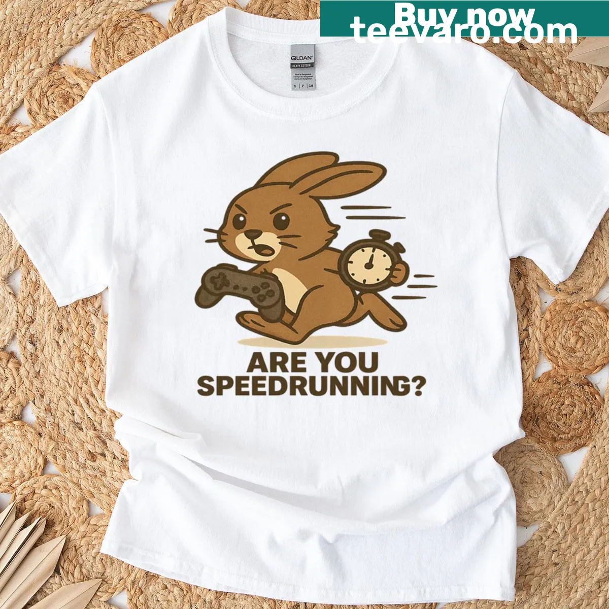 Funny gamer t-shirt with a rabbit racing against a stopwatch graphic — on a men's t-shirt