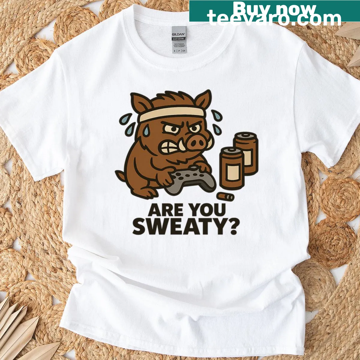 Funny gamer T-shirt with 'Are You Sweaty Tryhard' and a cartoon boar — on a men's t-shirt