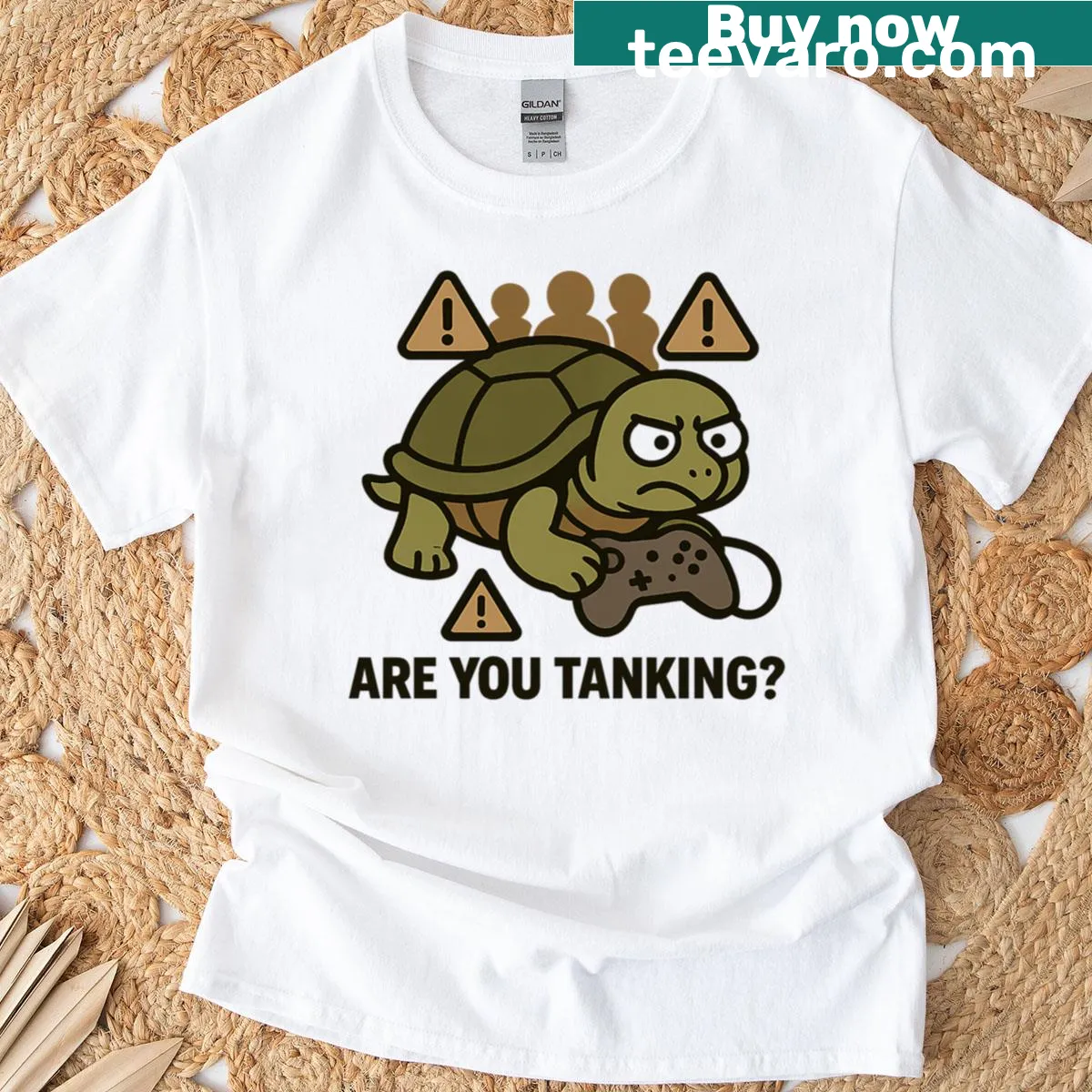 Oversized T-shirt featuring a turtle graphic representing a tank main — on a men's t-shirt