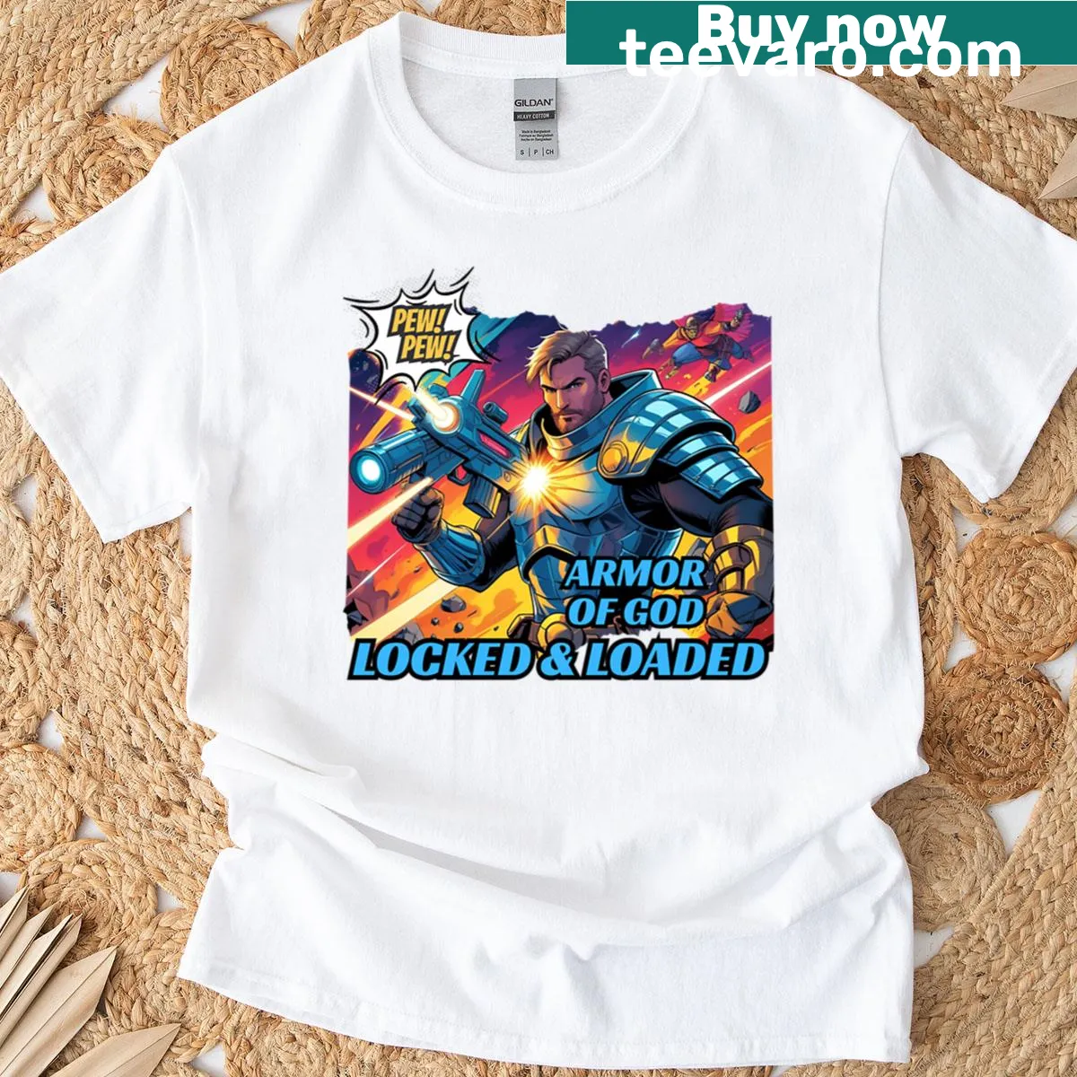 Inspirational t-shirt with Armor of God text and humorous graphic — on a men's t-shirt