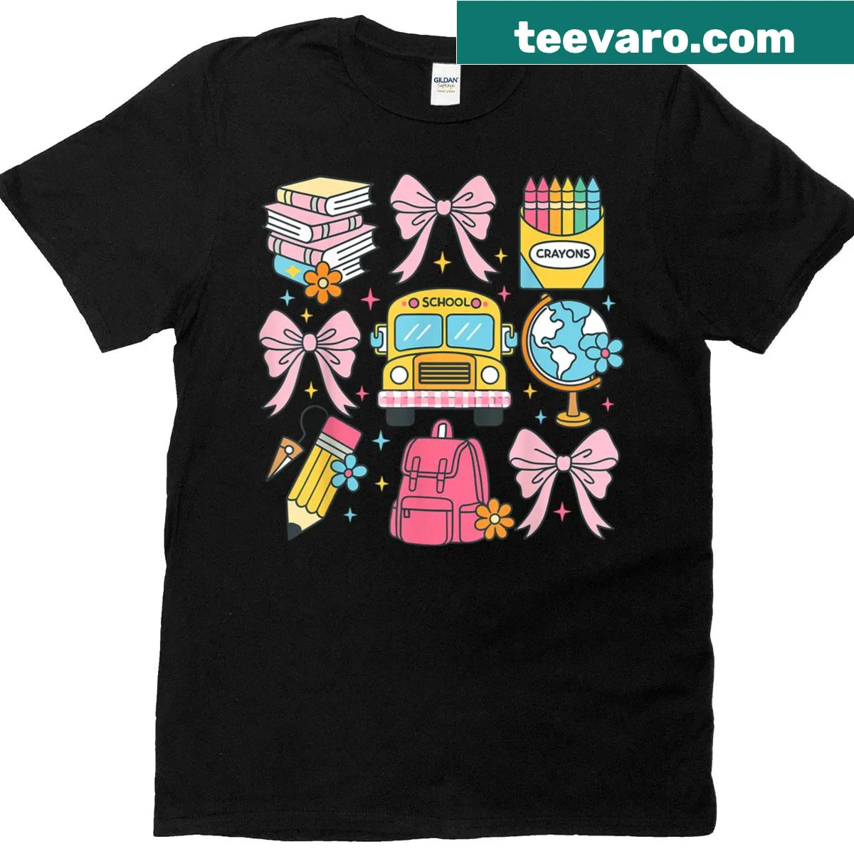 Cute teacher T-shirt with school bus and pencil bow illustration — on a men's t-shirt