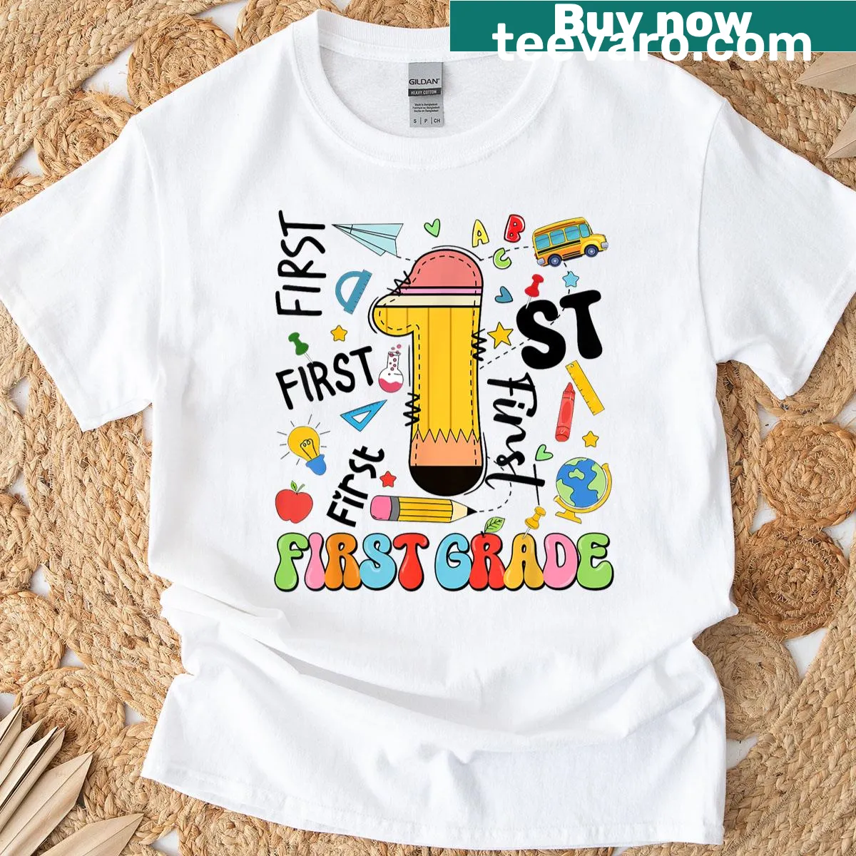First grade T-shirt with pencil graphic for kids — on a men's t-shirt