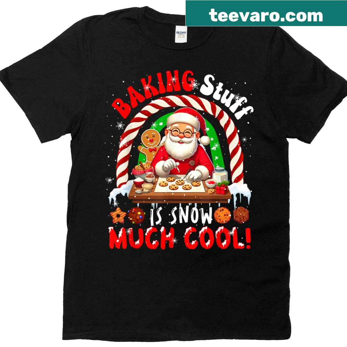 Whimsical Santa baker design for Christmas baking graphic tee — on a men's t-shirt