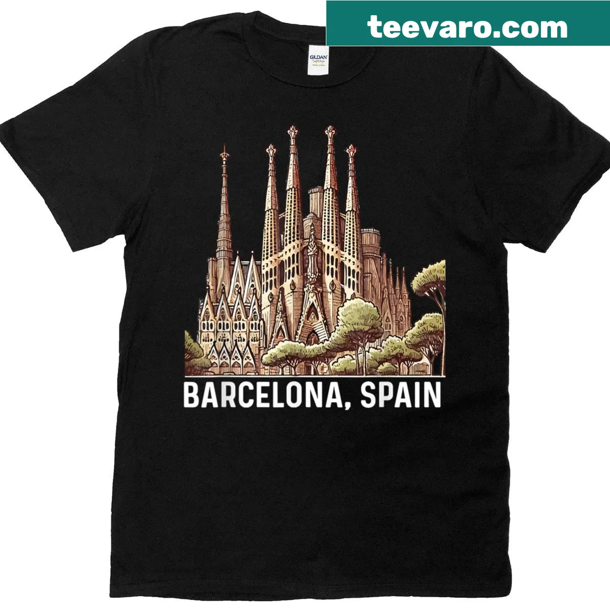 Illustrated skyline of Sagrada Familia on a Barcelona souvenir tee — on a men's t-shirt