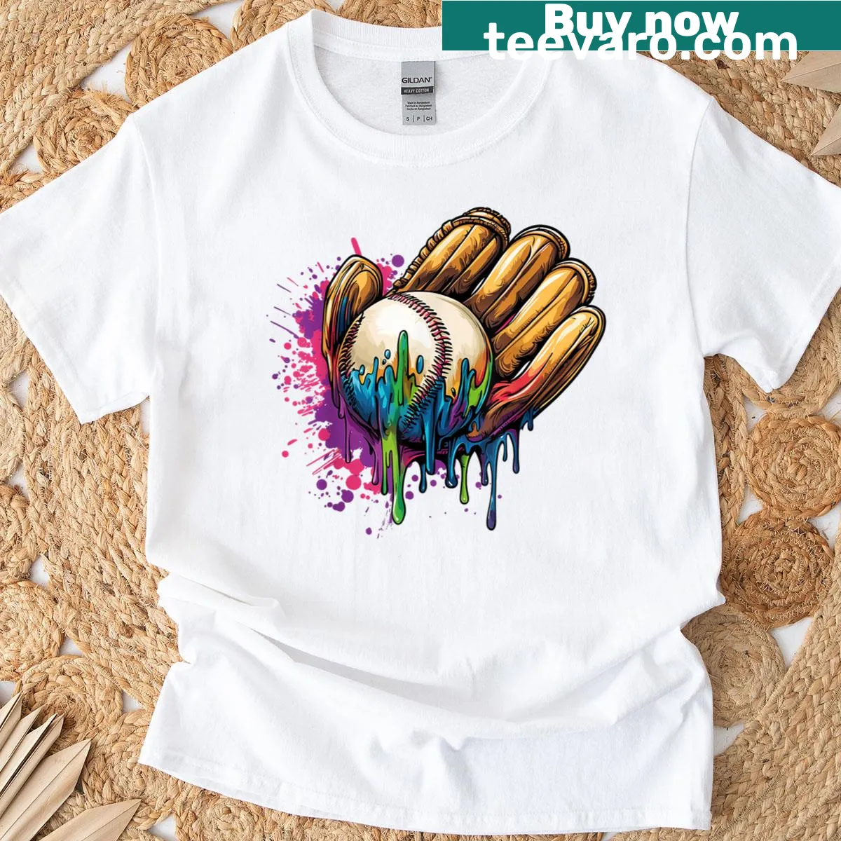 Funny t-shirt with baseball glove drip graphic — on a men's t-shirt