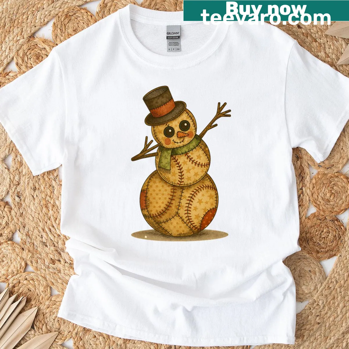 Patchwork snowman baseball Christmas t-shirt — on a men's t-shirt