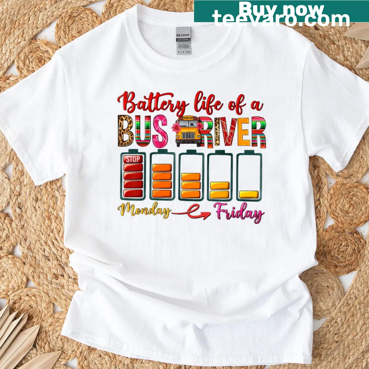 T-shirt with humorous typography about bus driver battery life — on a men's t-shirt