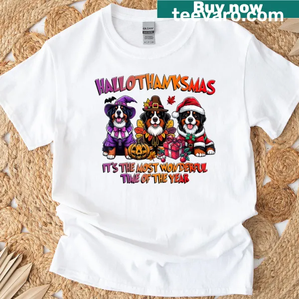 Illustration of a Bernese Mountain Dog on a holiday-themed T-shirt