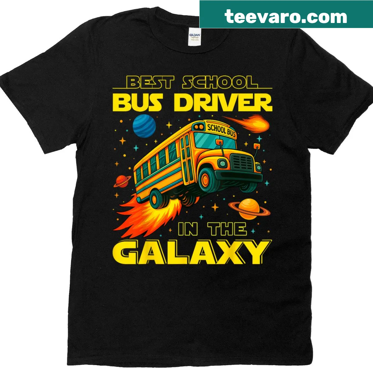 Funny school bus driver t-shirt with a galaxy theme — on a men's t-shirt