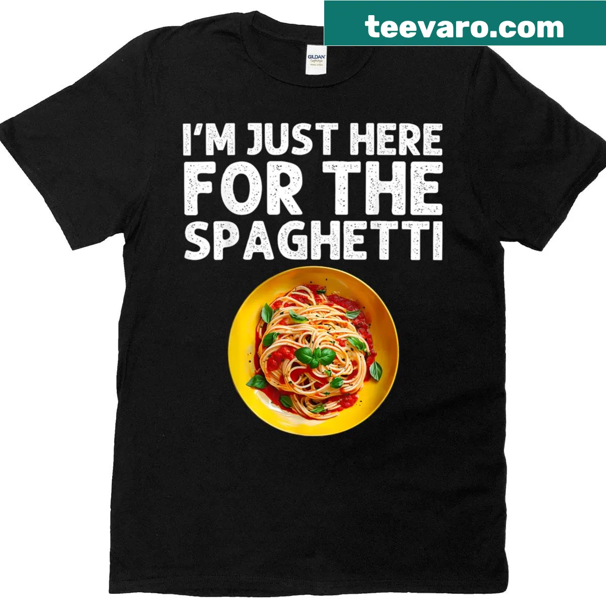 Whimsical spaghetti art graphic T-shirt for pasta lovers — on a men's t-shirt