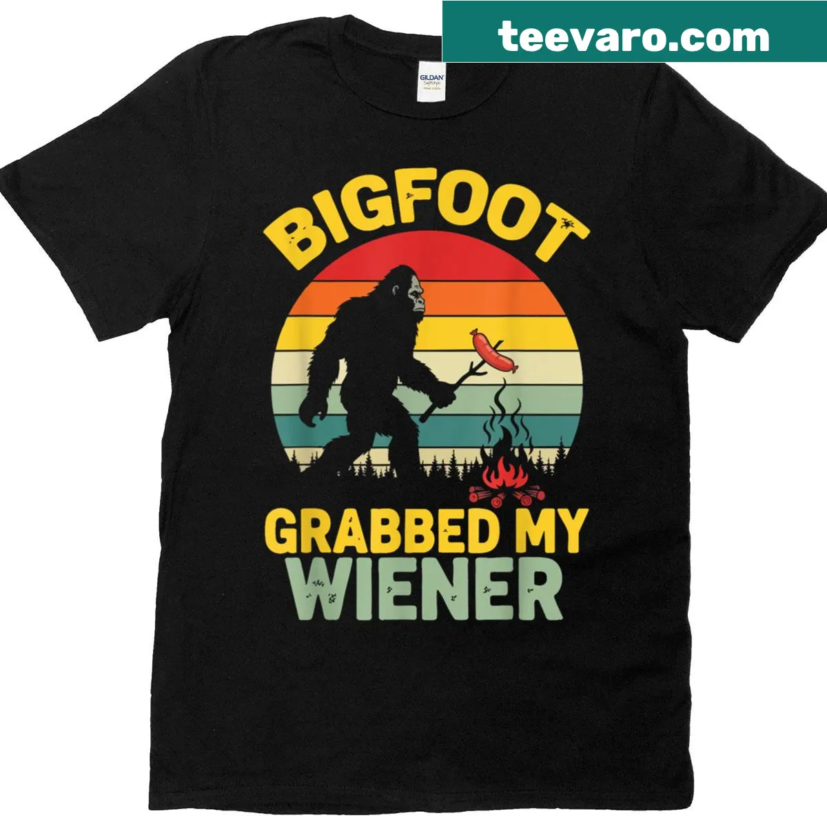 Funny Sasquatch t-shirt with illustration of Bigfoot grabbing a hot dog. — on a men's t-shirt