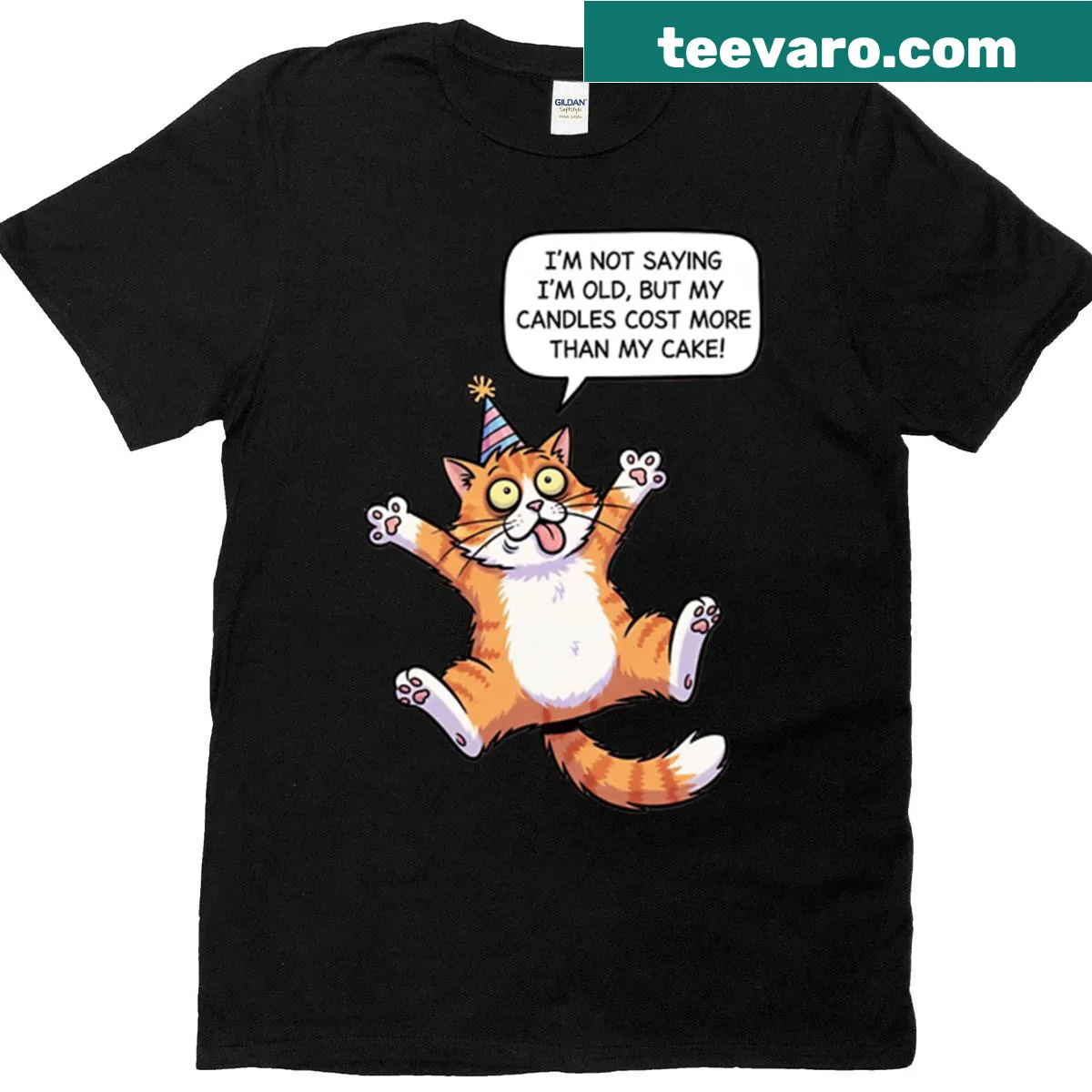 Cute cartoon cat design for a birthday celebration graphic tee — on a men's t-shirt