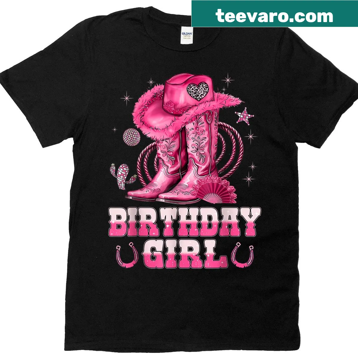 Western-themed birthday cowgirl illustration on T-shirt — on a men's t-shirt