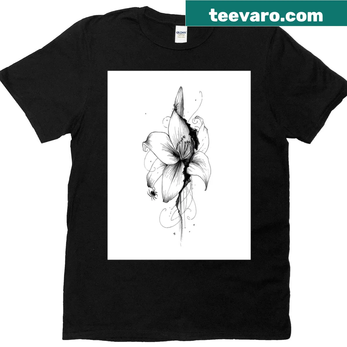 Black and white rose graphic T-shirt — on a men's t-shirt
