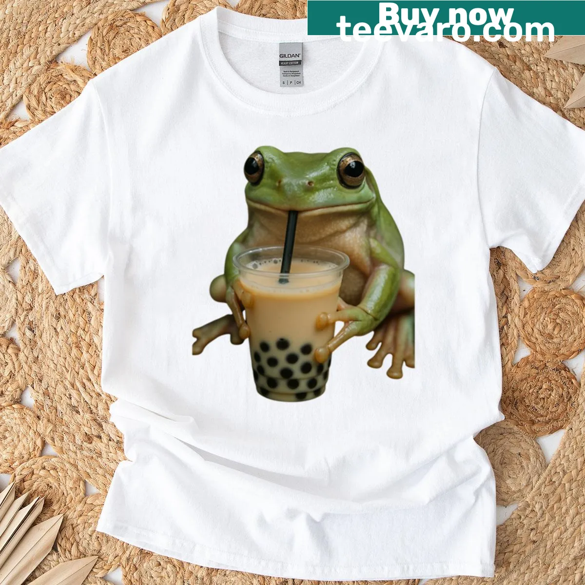 Cute cartoon frog drinking bubble tea on a t-shirt — on a men's t-shirt