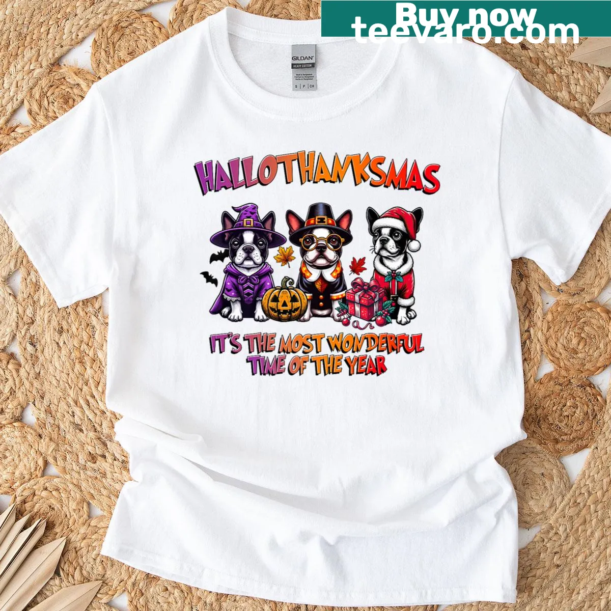 Graphic T-shirt with a Boston Terrier in festive attire — on a men's t-shirt