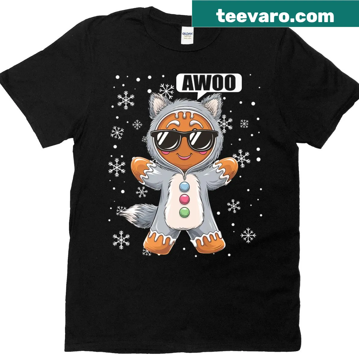 Gingerbread man and wolf graphic T-shirt for Christmas — on a men's t-shirt
