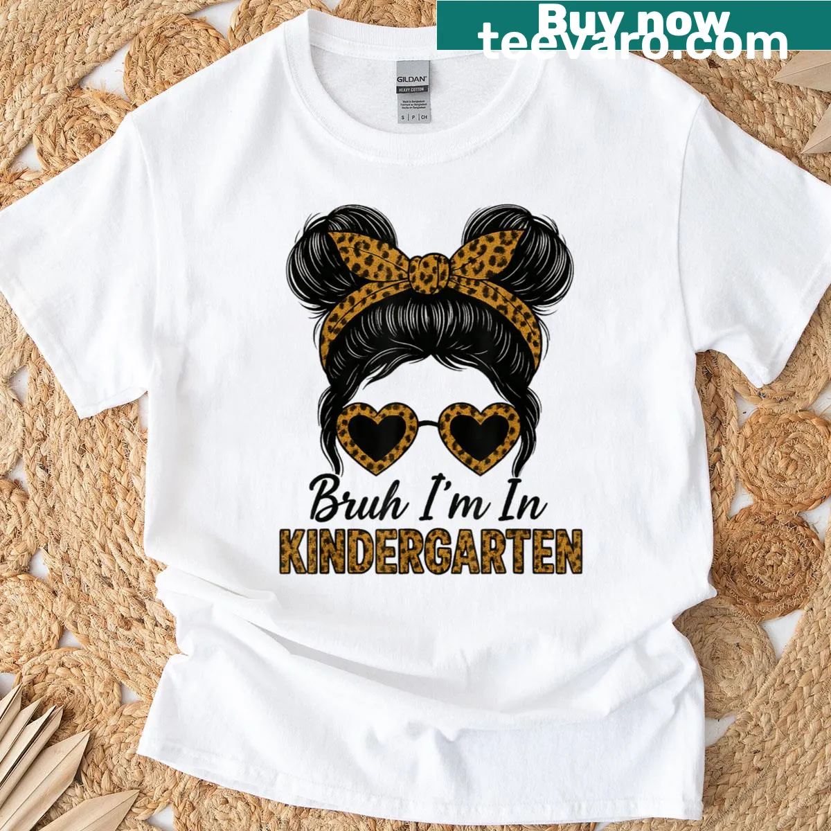Fun T-shirt for kids with 'Bruh I’m In Kindergarten' and a messy bun graphic — on a men's t-shirt
