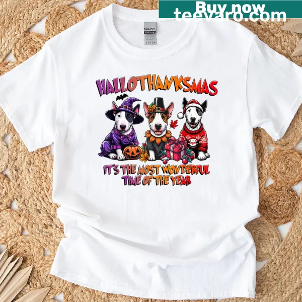 Whimsical Bull Terrier T-shirt featuring holiday themes