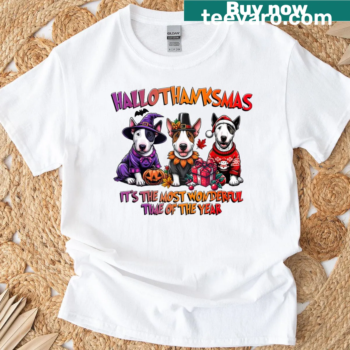 Whimsical Bull Terrier T-shirt featuring holiday themes — on a men's t-shirt