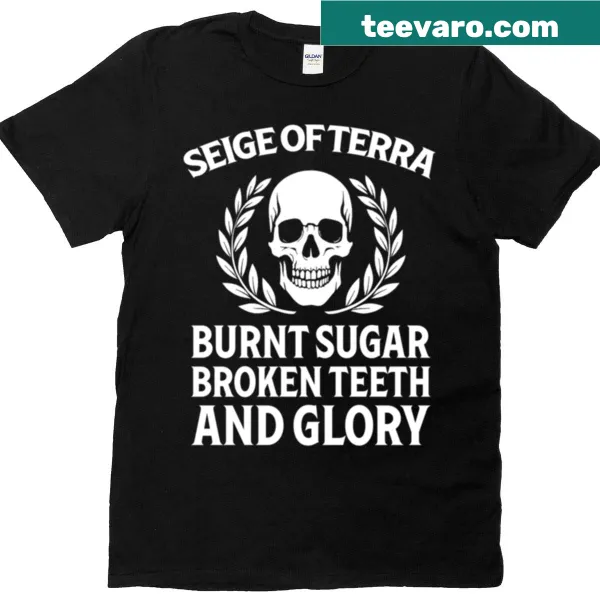 Whimsical illustration on a t-shirt with the phrase 'Burnt Sugar Broken Teeth And Glory'.