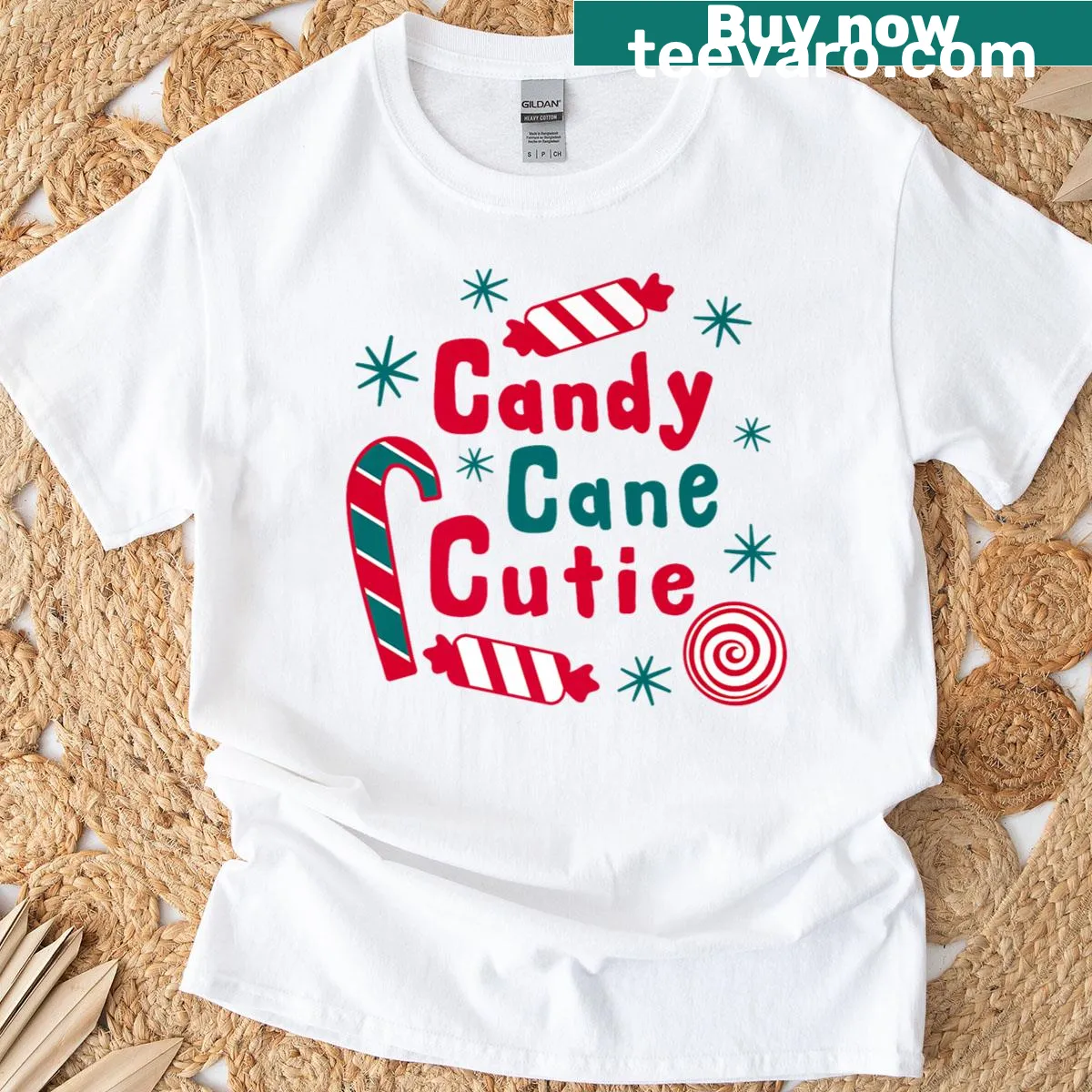 Cute Christmas t-shirt featuring a playful candy cane design — on a men's t-shirt