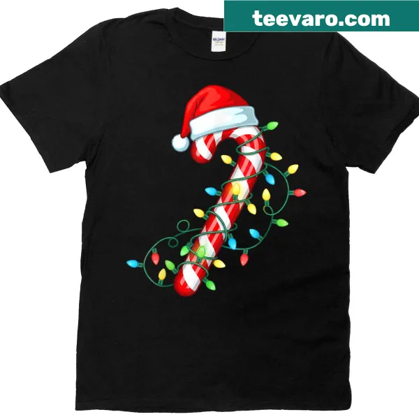 Illustrated T-shirt featuring a candy cane tree with a Santa hat and Christmas lights