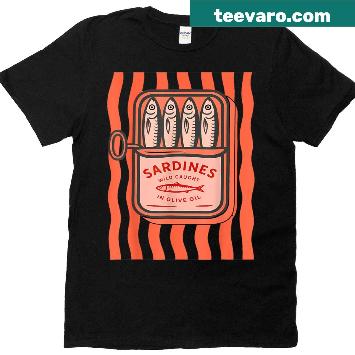Retro graphic T-shirt featuring a sardine can design — on a men's t-shirt