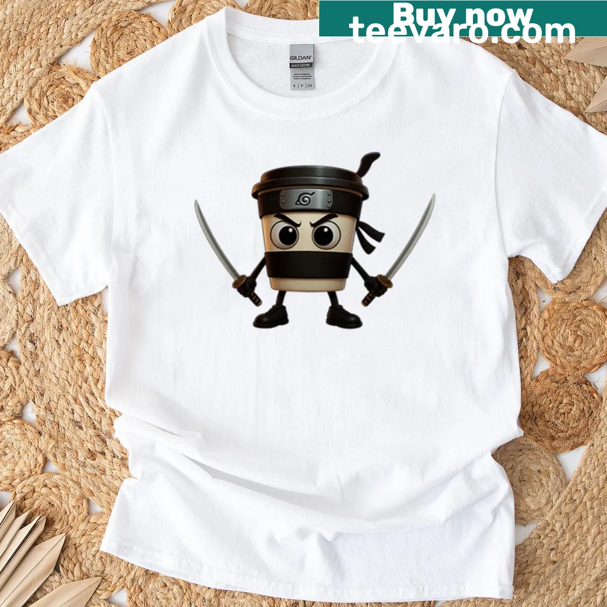 Illustrated cappuccino with a playful face, humorous coffee-themed shirt — on a men's t-shirt