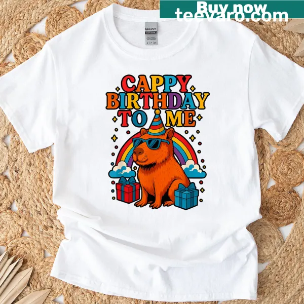 Birthday T-shirt featuring a capybara at a rainbow party
