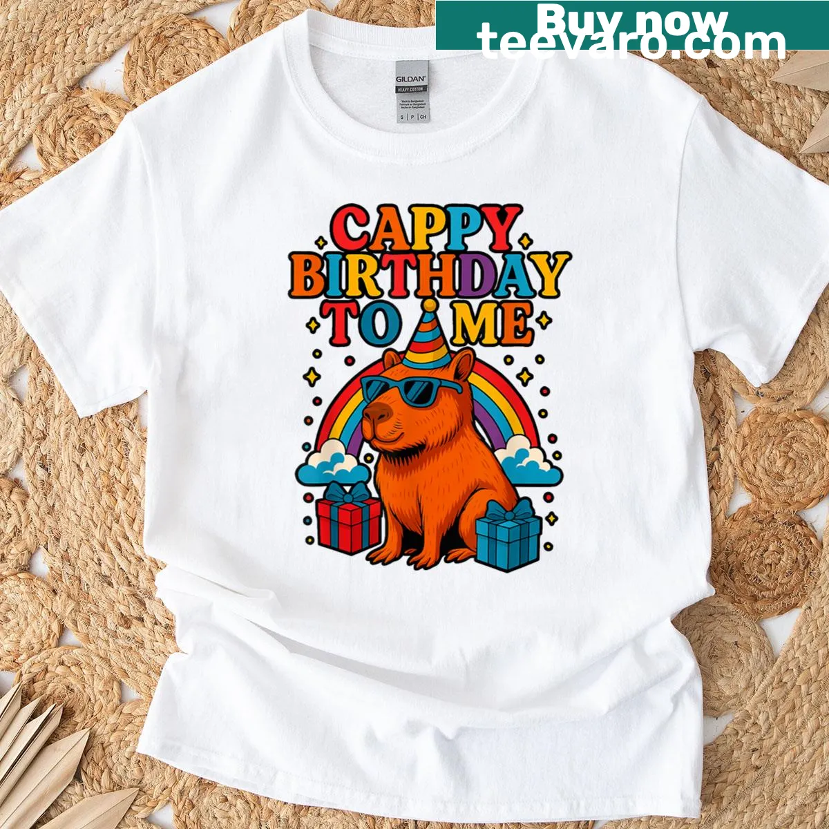 Birthday T-shirt featuring a capybara at a rainbow party — on a men's t-shirt