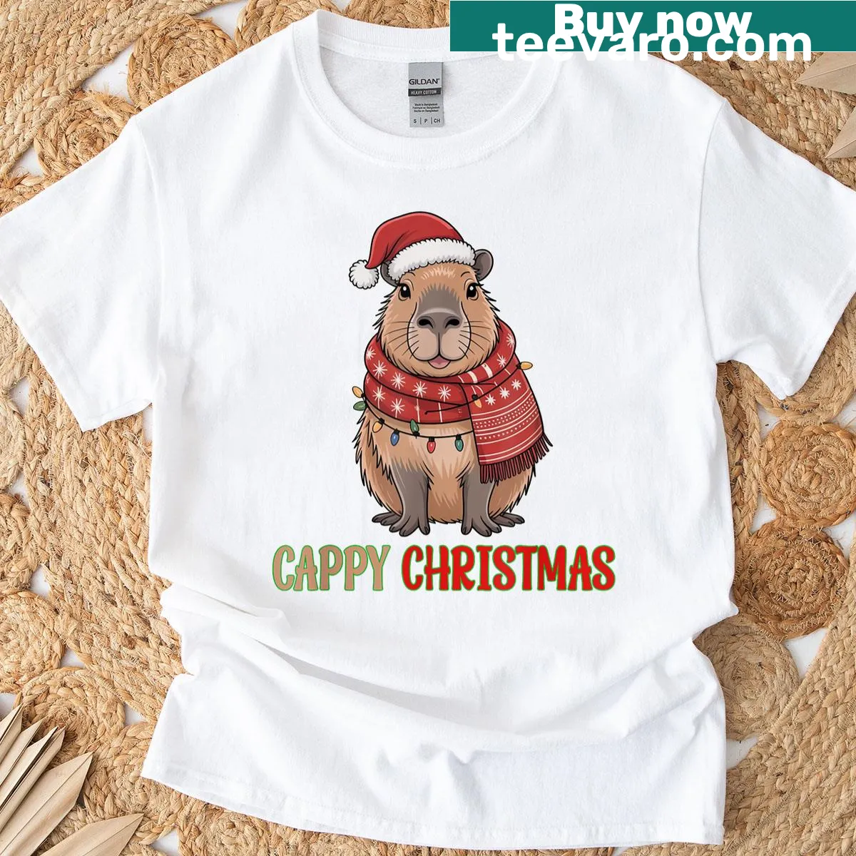 Cute Christmas T-shirt featuring a capybara with a Santa hat — on a men's t-shirt