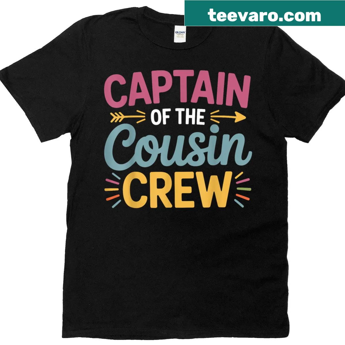 Fun typography t-shirt stating 'Captain Of The Cousin Crew' — on a men's t-shirt