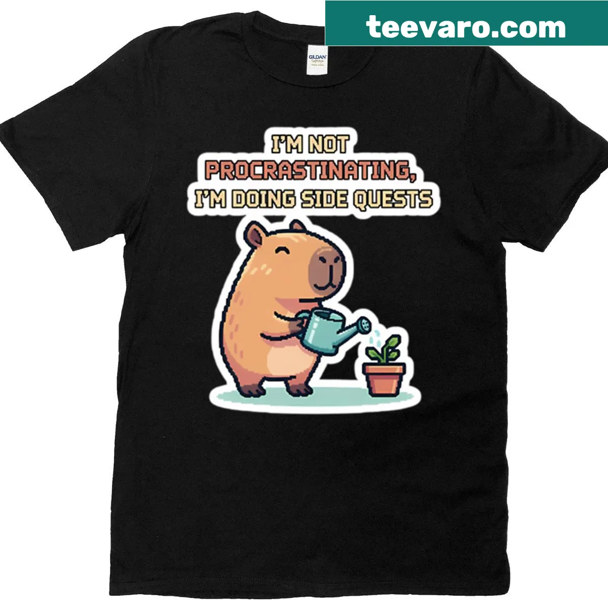 T-shirt featuring a capybara doing side quests in a humorous gaming theme — on a men's t-shirt