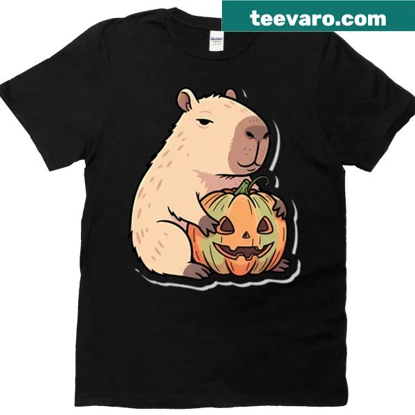 Capybara hugging a pumpkin illustration on Halloween T-shirt