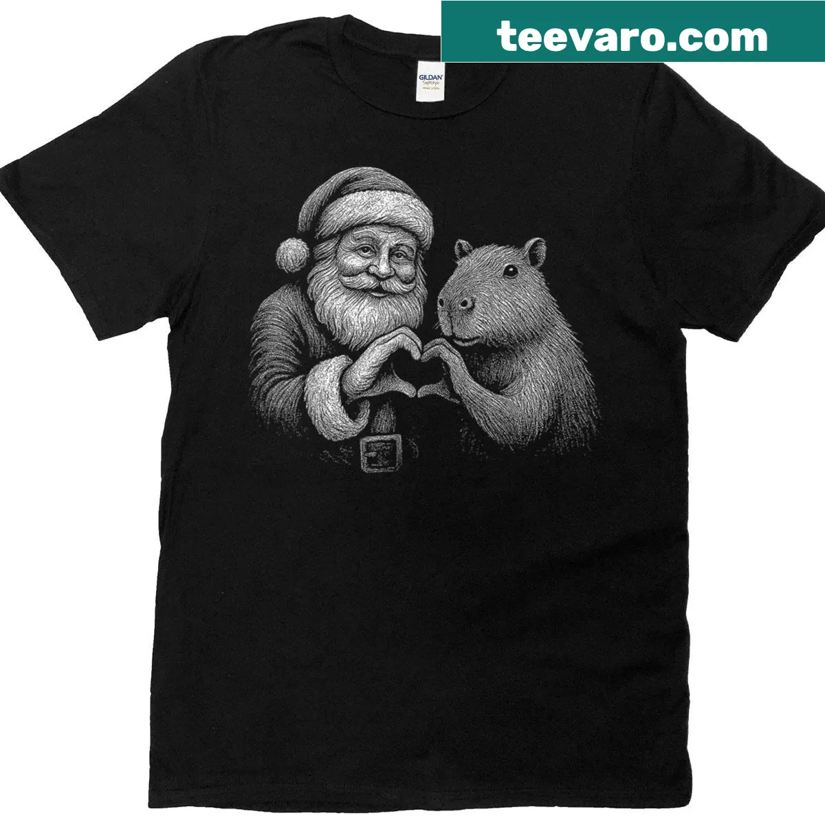 T-shirt featuring a capybara in a Santa suit with hearts — on a men's t-shirt