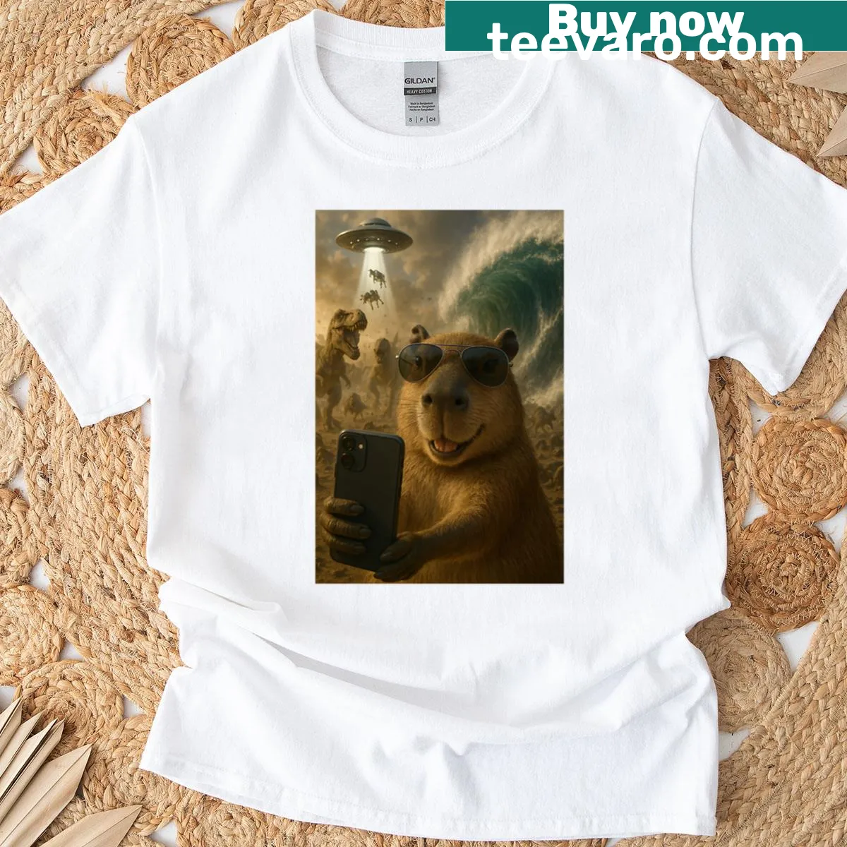 Playful T-shirt featuring a capybara selfie with dinosaurs and a UFO — on a men's t-shirt
