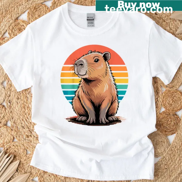 Retro capybara design with a sunset background