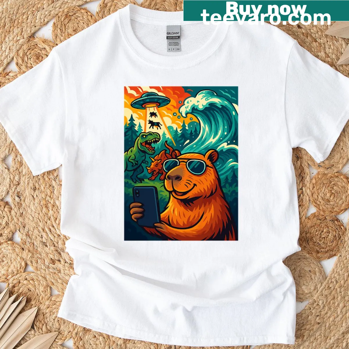 Cartoon capybara taking a selfie with UFOs and dinosaurs on a wave — on a men's t-shirt