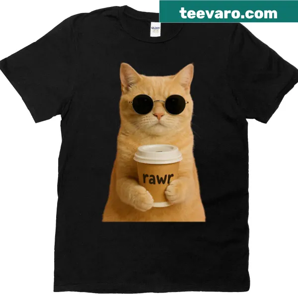 Funny cat t-shirt featuring a cat with sunglasses and coffee cup