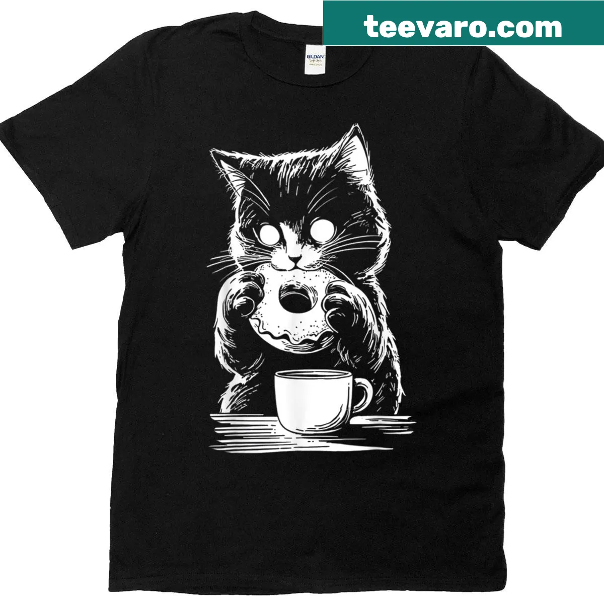 Illustration of a cat eating a donut with coffee on a t-shirt — on a men's t-shirt
