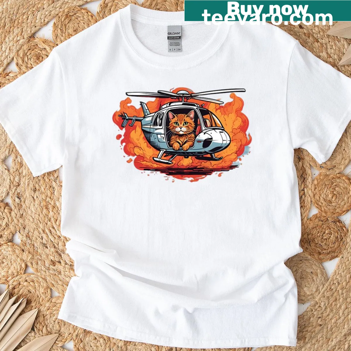 Oversized T-shirt with a cat in a helicopter on fire graphic — on a men's t-shirt