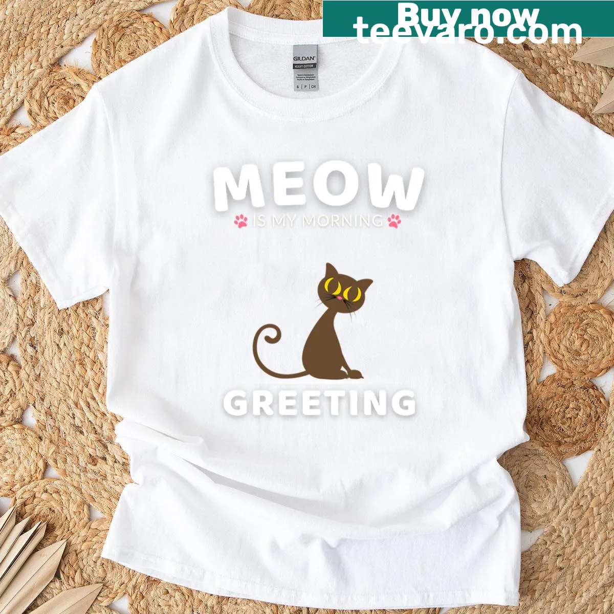 Cute T-shirt with text 'Meow Is My Morning Greeting' and cat graphics — on a men's t-shirt