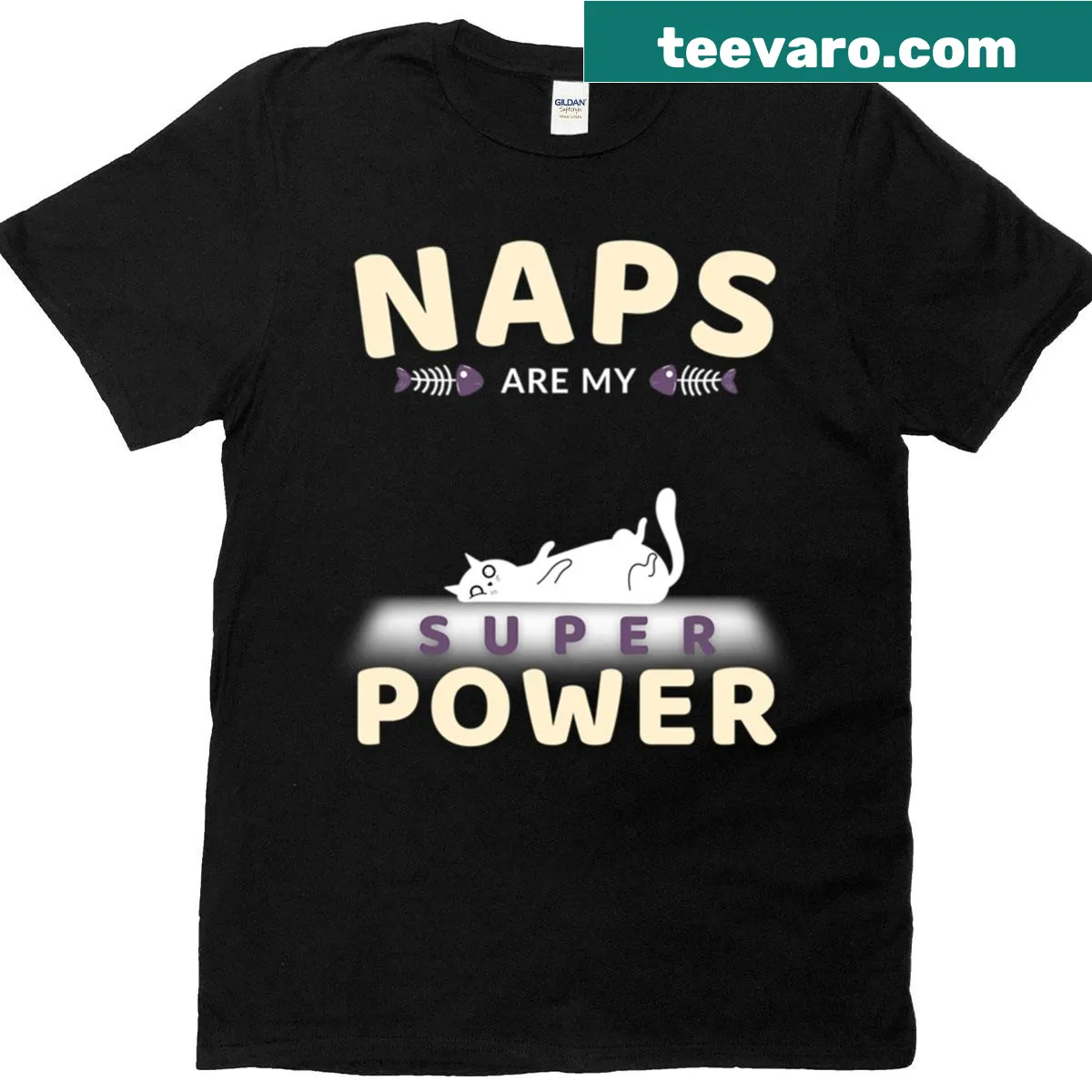 Illustrated T-shirt featuring a cute cat and text about napping as a superpower — on a men's t-shirt