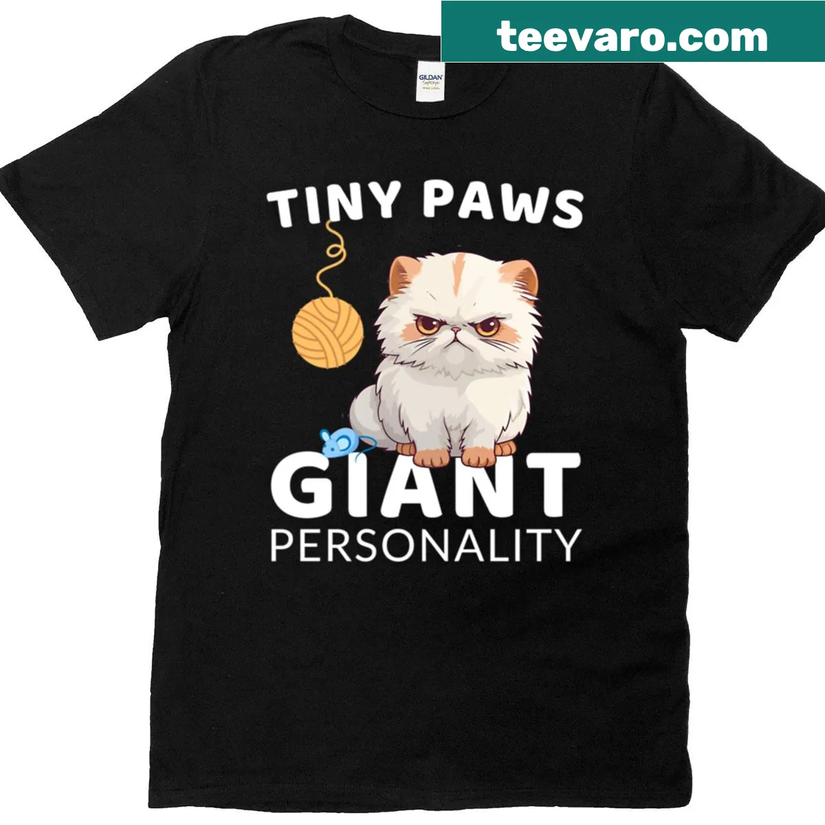 Cute T-shirt with 'Tiny Paws, Giant Personality' text and cat graphic — on a men's t-shirt