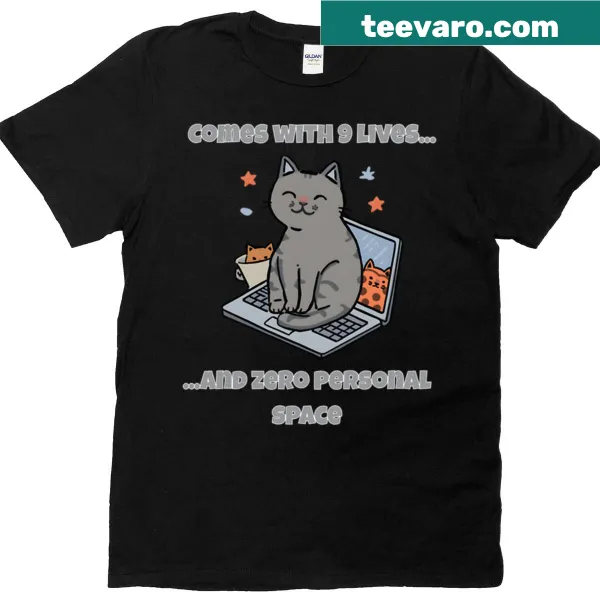 Funny cartoon cat humor t-shirt featuring various cat memes