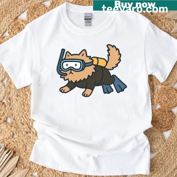 Illustration of a cat in scuba gear on a playful T-shirt
